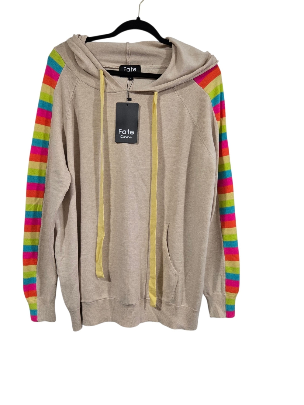 Fate Curve Beige Knit Pullover Hoodie Rainbow Stripe Sleeves 5% Wool 1X New